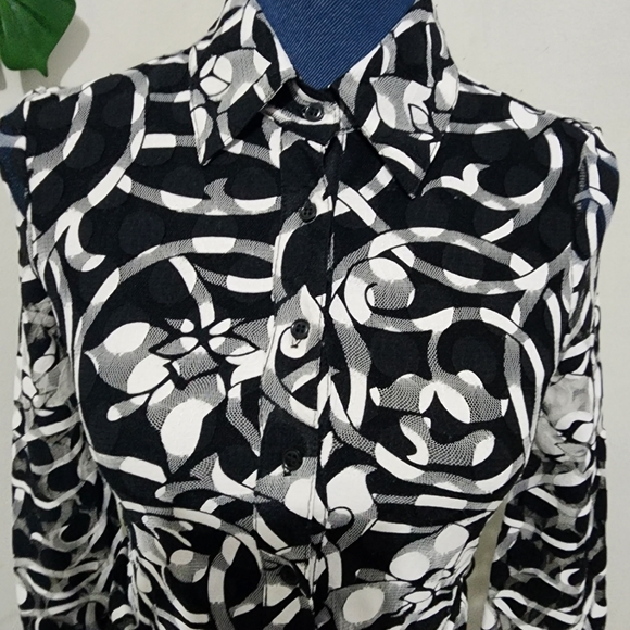INC International Concepts Black White Betlted Button Blouse Shirt - Picture 4 of 8